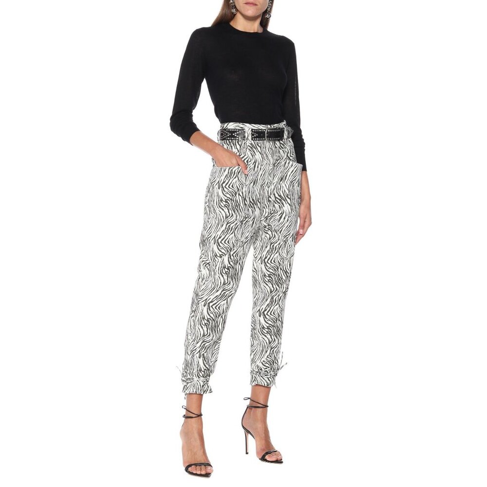NWT $3365 Isabel Marant Badeloisa Zebra Print Leather Pants Ecru/Black Size US 2